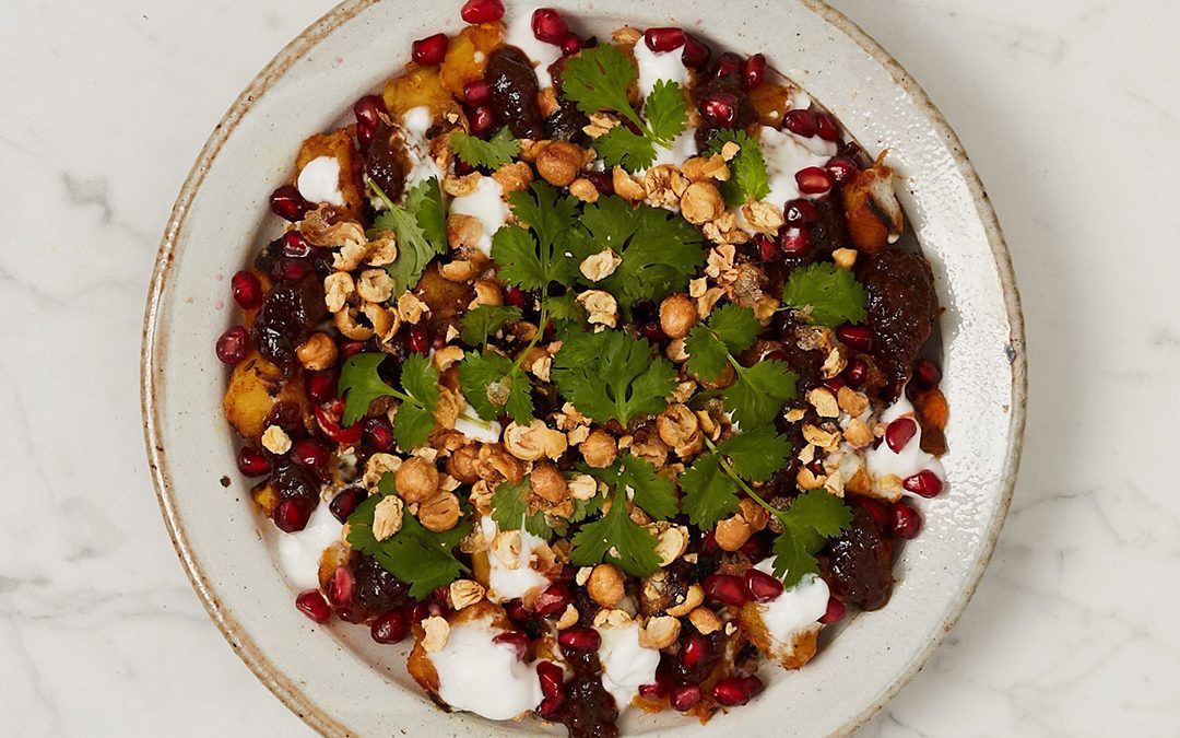 Leftover Roasted Vegetable Chaat with Creamy Mint Sauce & Sweet Tamarind Chutney