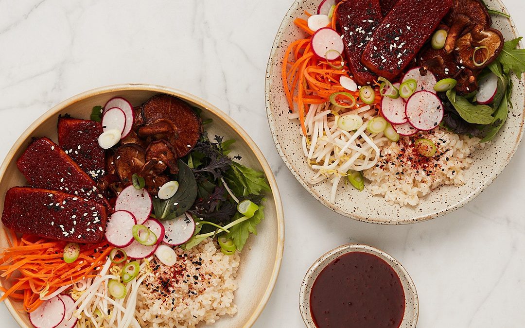 Korean Bibimbap with Tofu Bulgogi, Roasted Shiitake & Ginger Rice