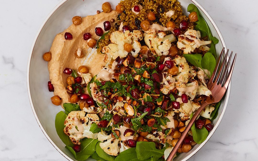 Spiced Quinoa & Currant Pilaf with Roasted Cauliflower, Maple Tahini Drizzle and Almond Salsa