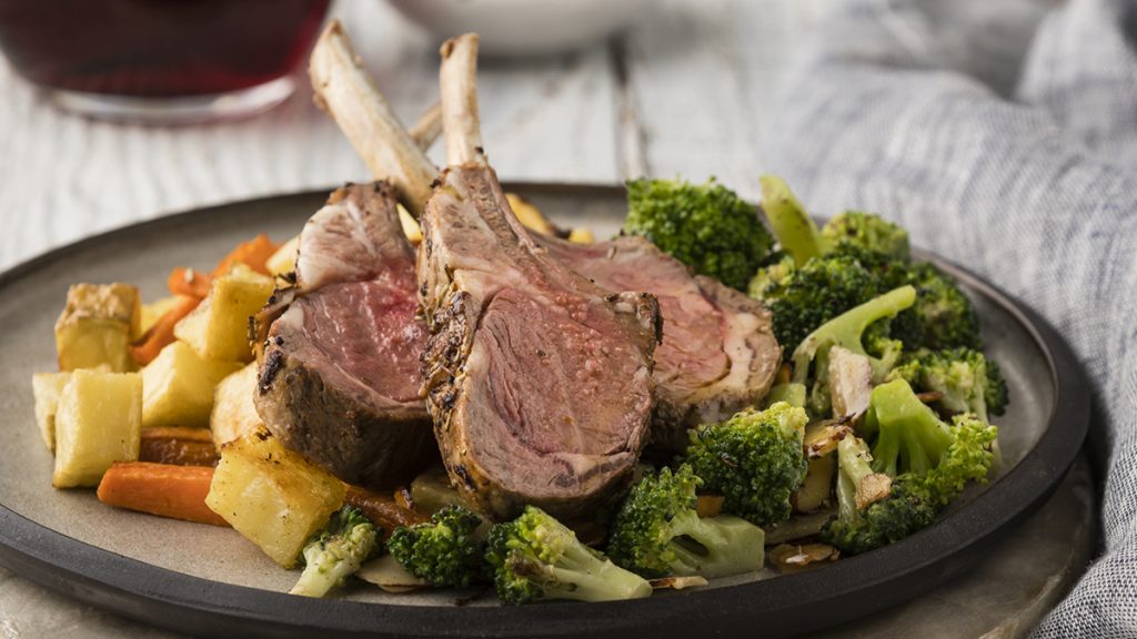 c f Rosemary Mustard Lamb Rack with roasties almond broccoli and smoked aioli