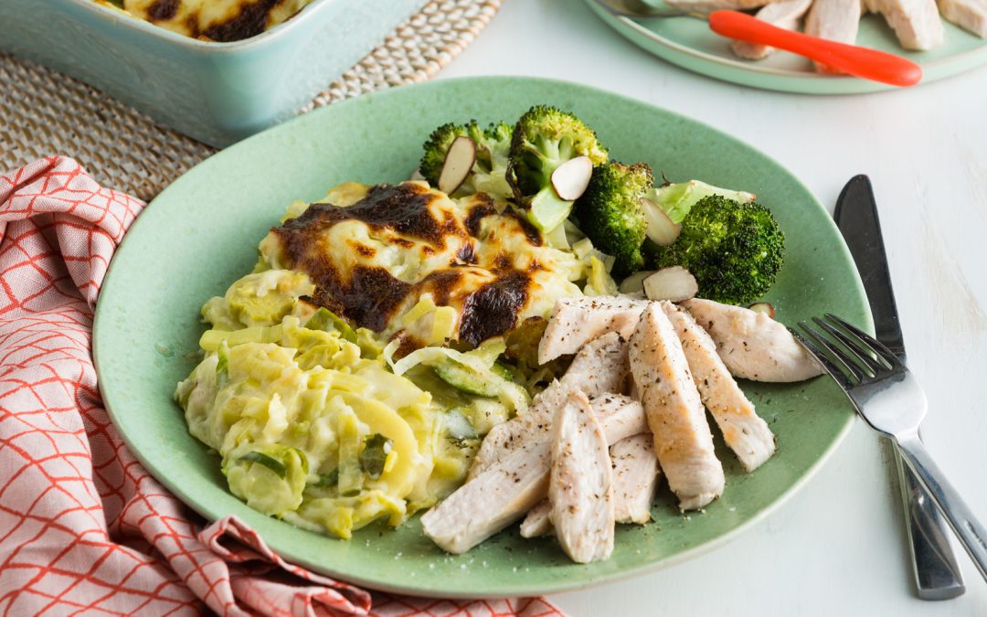 Chicken with Cheesy Brussels & Potato Gratin