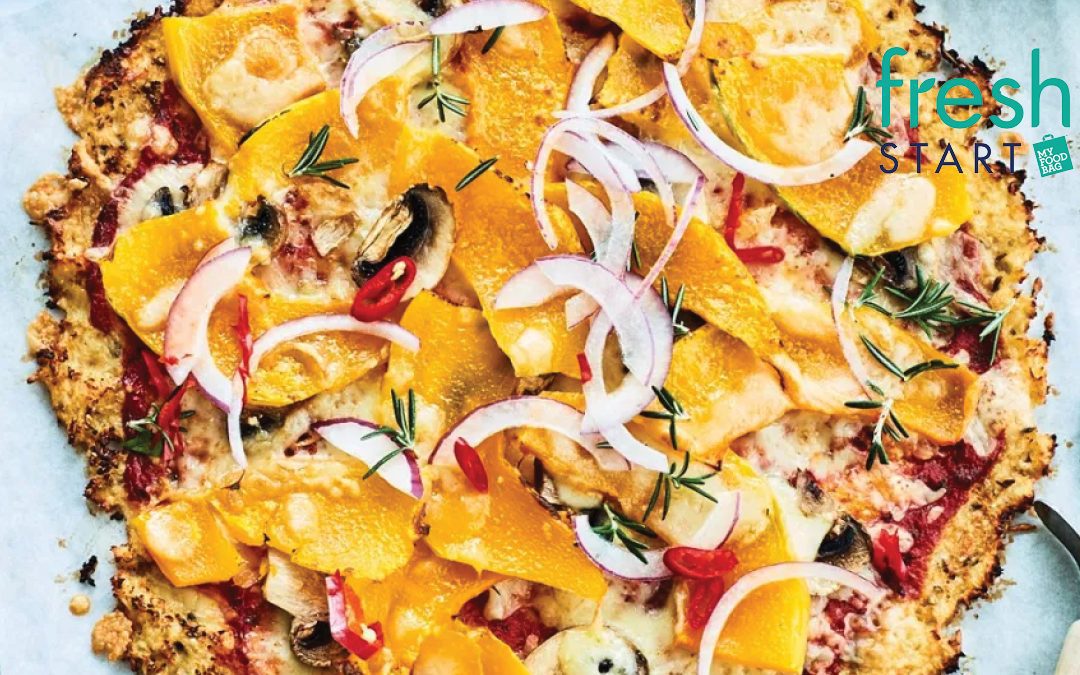 Pumpkin, Rosemary, Chilli and Mozzarella Pizza with a Cauliflower Crust Base