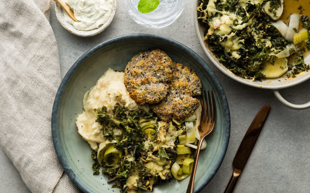 Seeded Portobello Schnitzel with Feta White Bean Mash