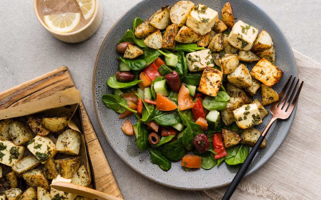 Oregano Roasted Feta with Greek Salad & Babaganoush Crema