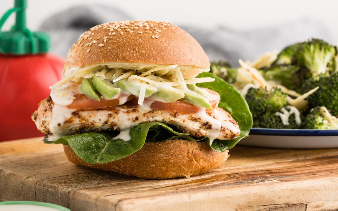 Chicken Caesar Burgers with Crispy Parmesan Broccoli