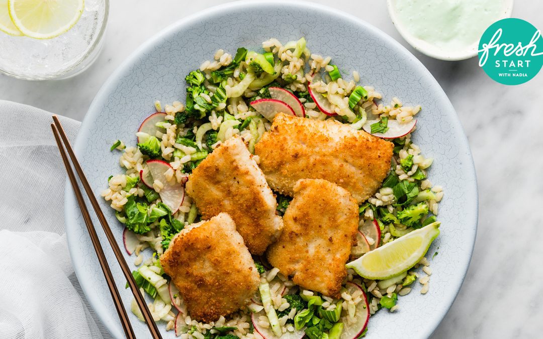 Fish Katsu with Brown Rice Salad & Wasabi Mayo