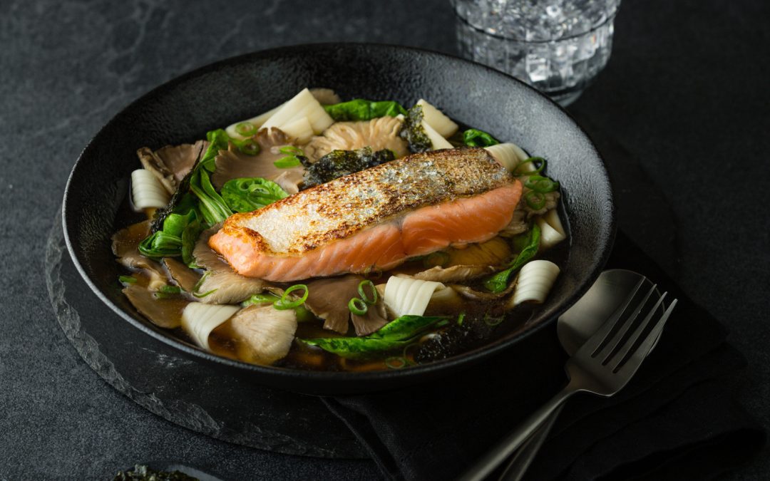 Salmon Fillet with Silk Noodles & Oyster Mushroom Dashi Broth