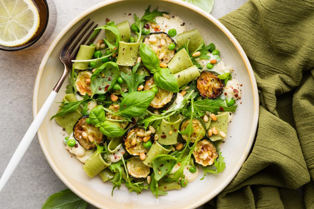 V PBCreamy Spring Hemp Pappardelle with Grilled Courgettes Pine Nuts BLOG