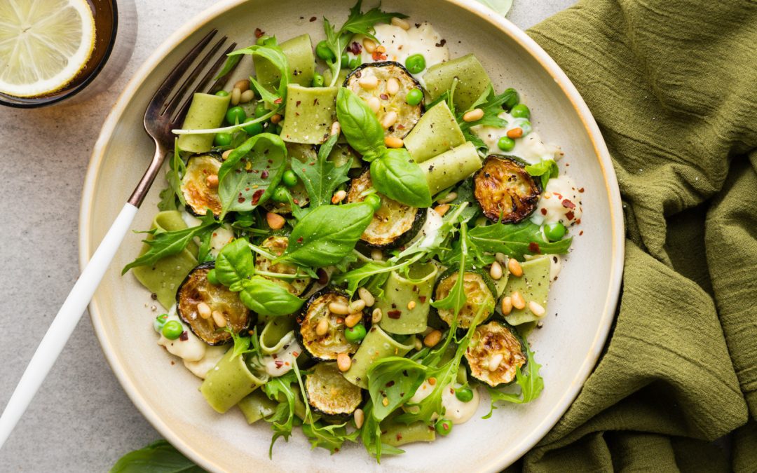 Creamy Spring Hemp Pappardelle with Grilled Courgettes & Pine Nuts