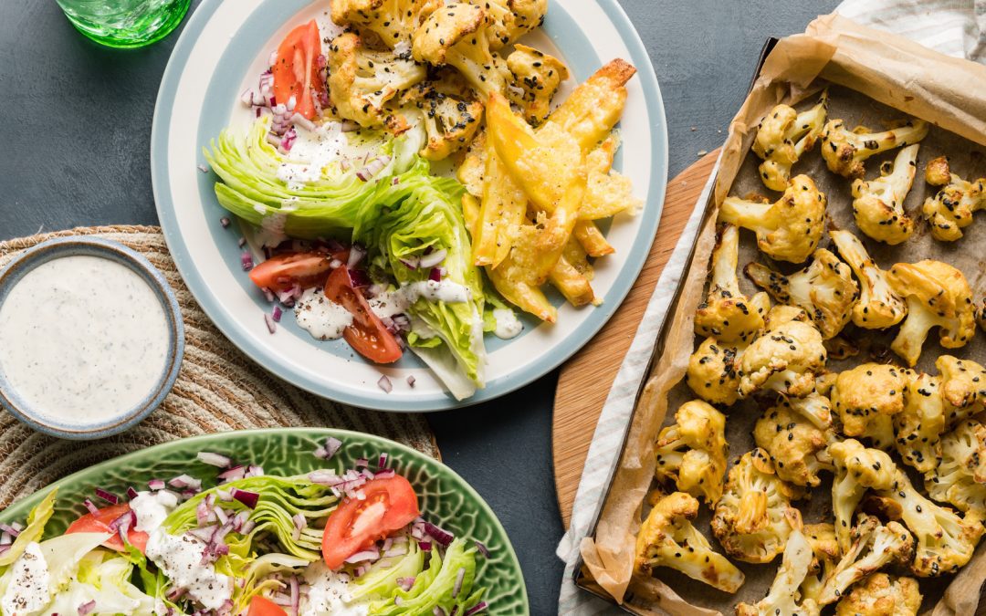 Buffalo Cauli with Oven Fries & Ranch Wedge Salad