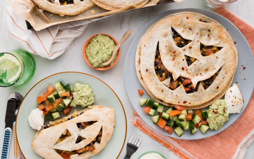 Spooky Black Bean & Corn Quesadillas with Guacamole