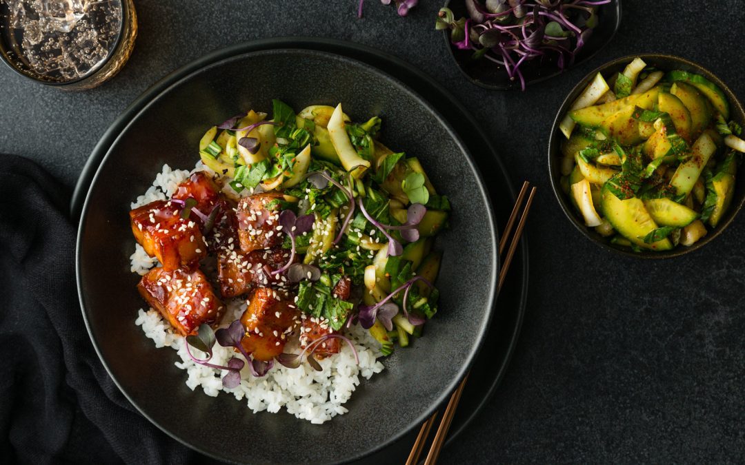 Sticky Korean Pork Belly with Quick Cucumber Kimchi