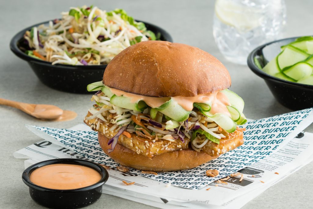 V Teriyaki Tofu Burger with Ginger Slaw Crispy Shallots BLOG