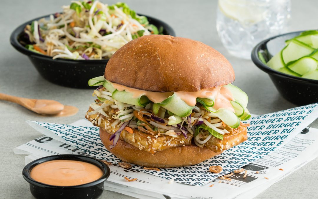 Teriyaki Tofu Burger with Ginger Slaw & Crispy Shallots