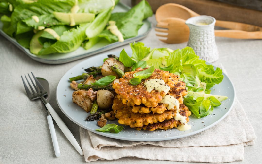 Corn & Chickpea Fritters with Potato Asparagus Salad