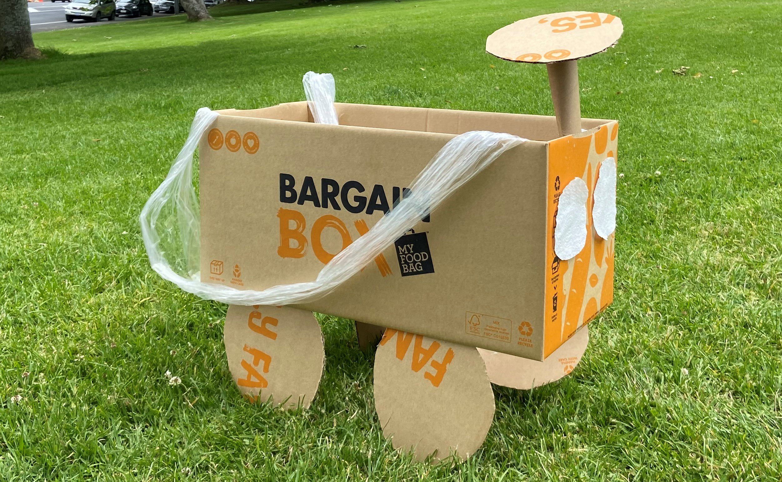 A cardboard car made from a Bargain Box