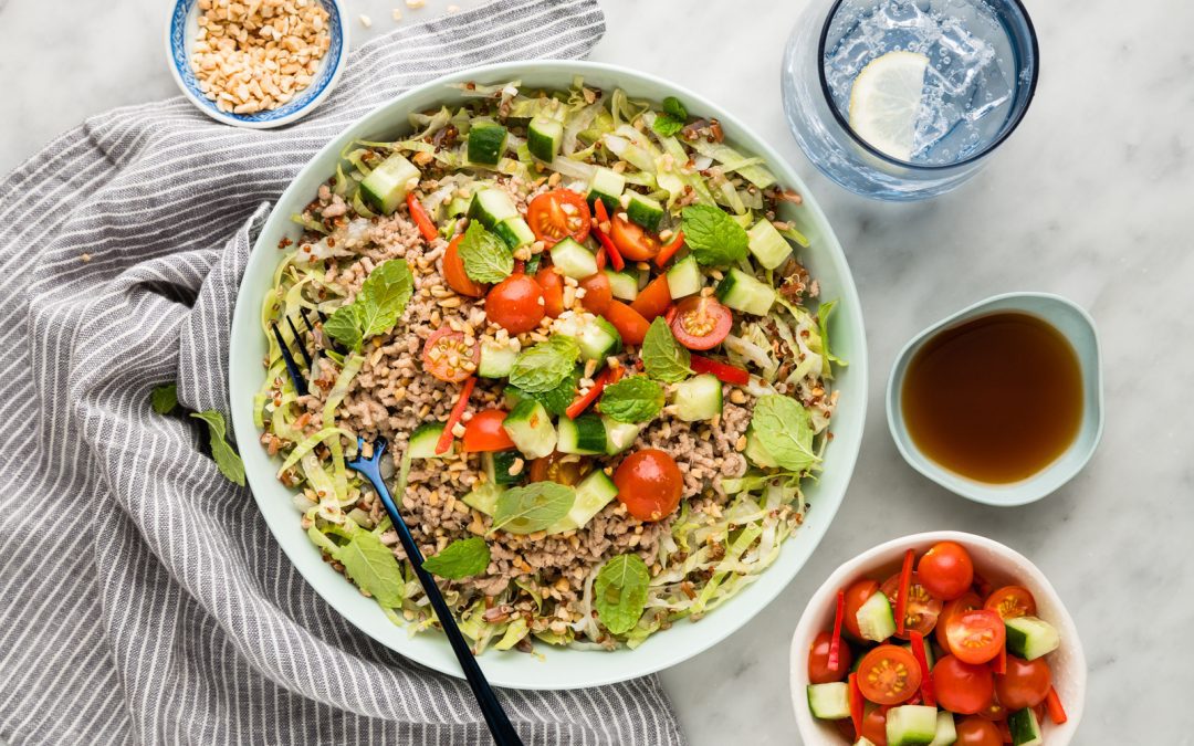 Lemongrass Pork Larb with Supergrains, Peanuts & Cucumber Salsa