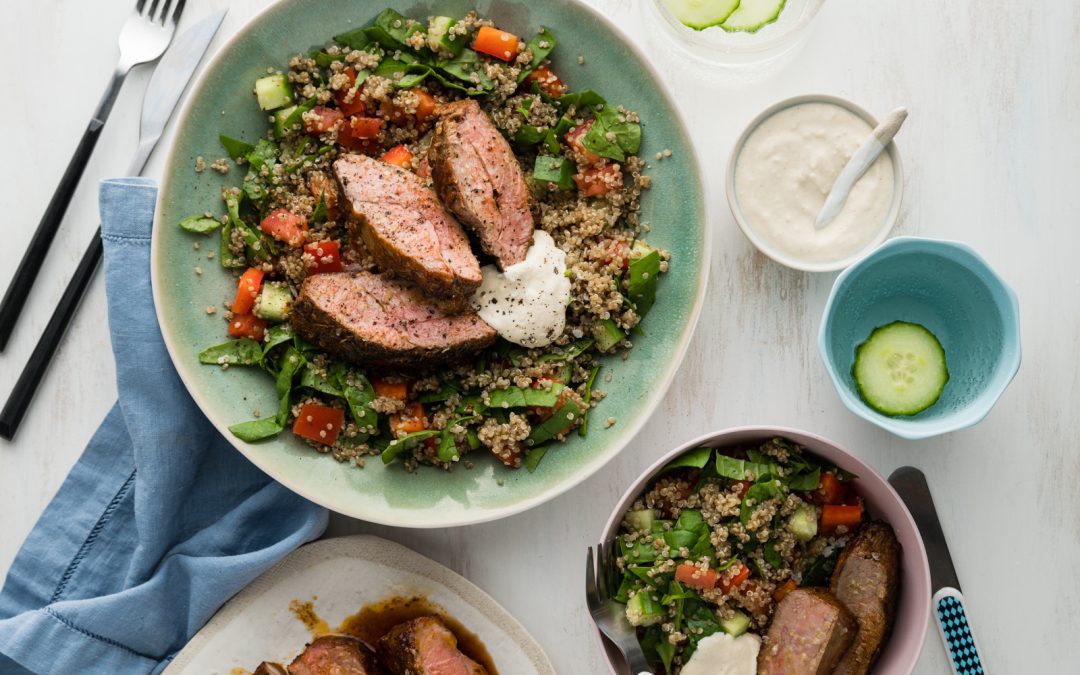 Butterflied Leg of Lamb with Veggie Quinoa & Creamy Hummus