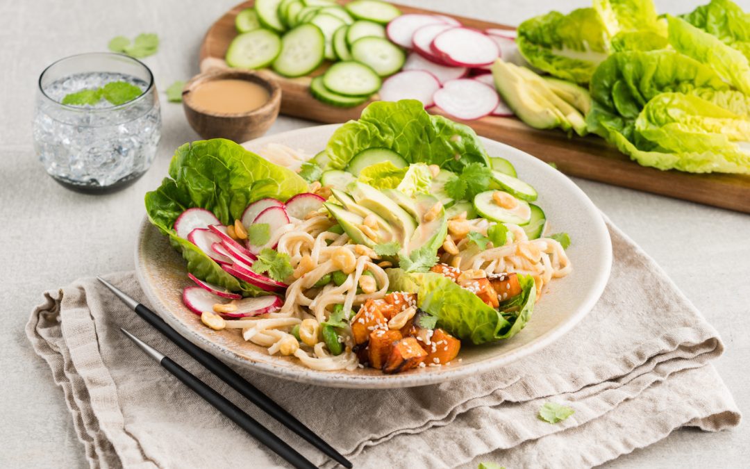 Spring Noodle Buddha Bowl with Roasted Pumpkin & Avocado