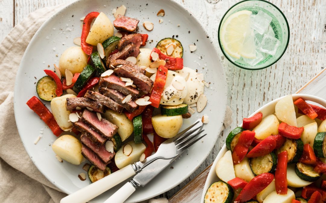Smoky Beef Steaks with Grilled Veggies & Hollandaise Sauce