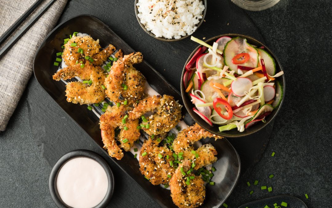 Crumbed Prawns with Sticky Rice & Pickled Cucumber Salad