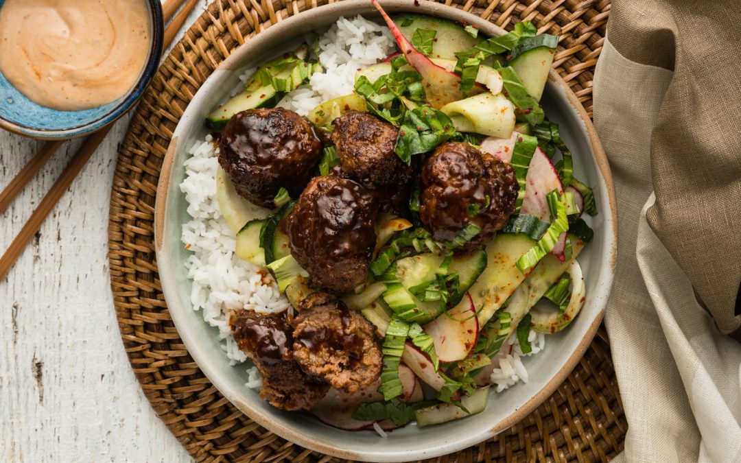 Korean Beef Meatball Bowl with Quick Cucumber Kimchi