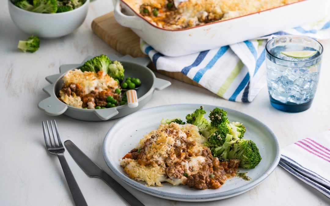 Crunchy Parmesan Topped Beef Pie with Pesto Broccoli