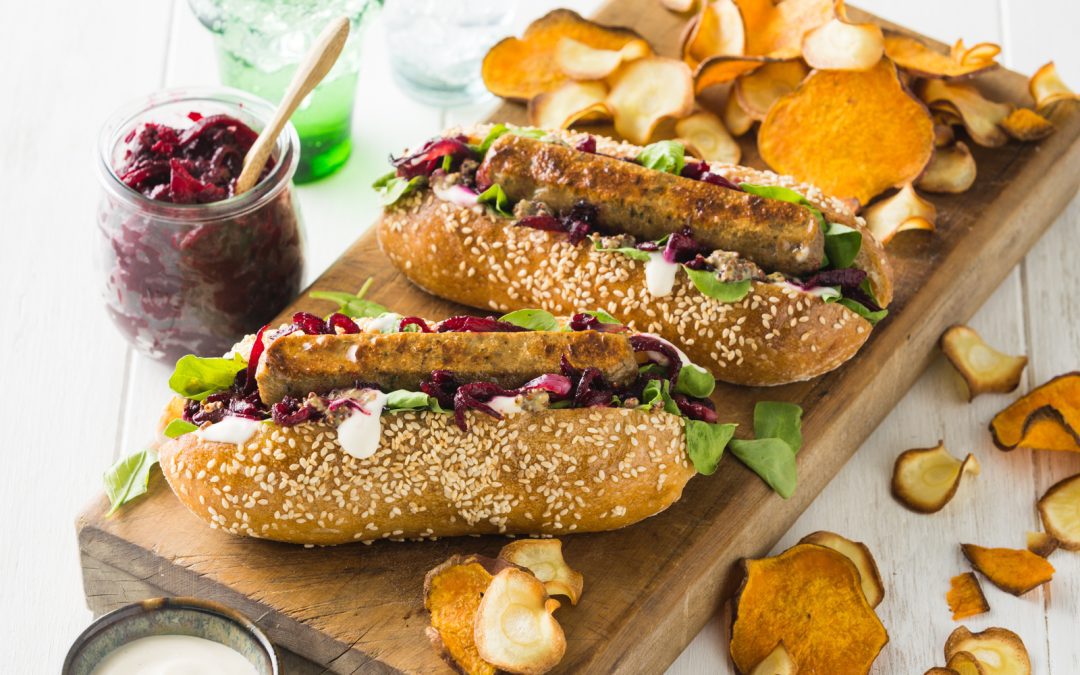 Plant-Based Hot Dogs with Beetroot Balsamic Relish