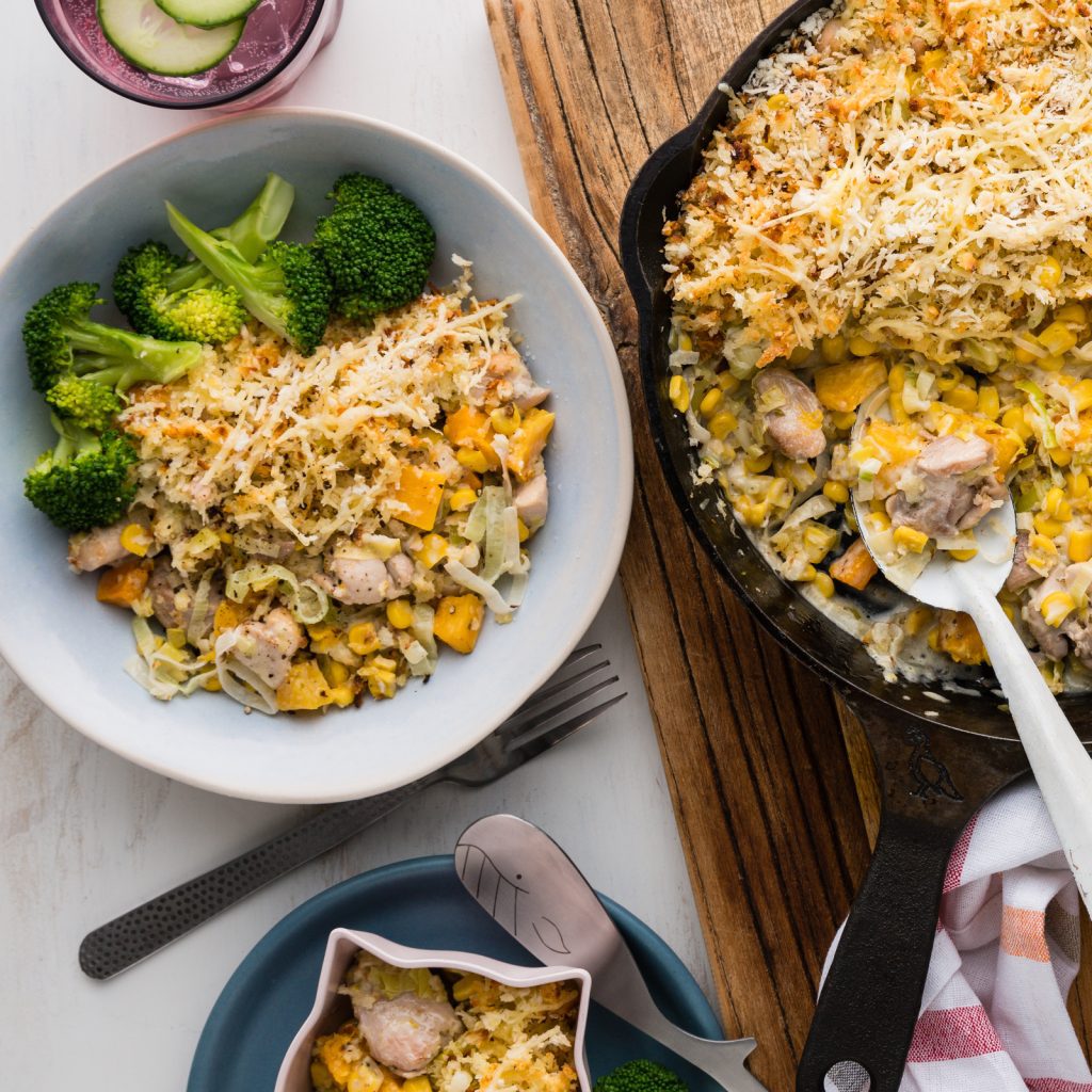 F Corn Chicken Skillet Pie with Crunchy Parmesan Topping