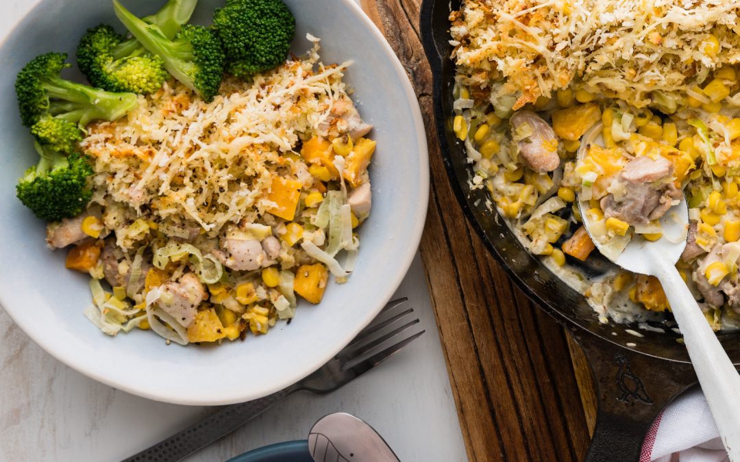Corn & Chicken Skillet Pie with Crunchy Parmesan Topping