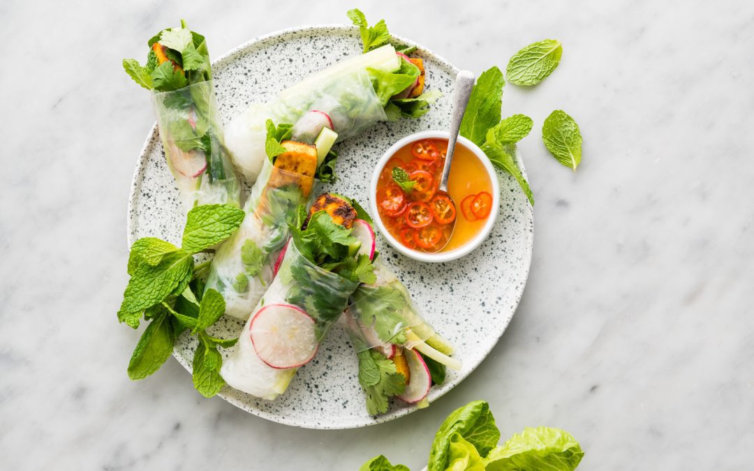 Sticky Turmeric Tofu Spring Rolls with Chilli Dipping Sauce