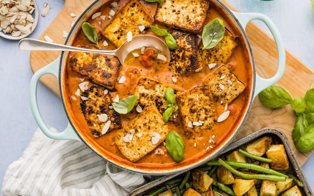 Creamy Tuscan Tomato Baked Tofu with Roasties & Basil with Le Creuset