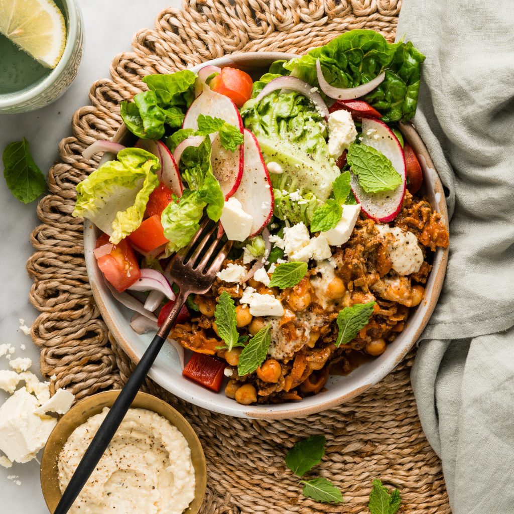 FS Greek Beef Chickpea Bowl with Feta Salad Hummus 1