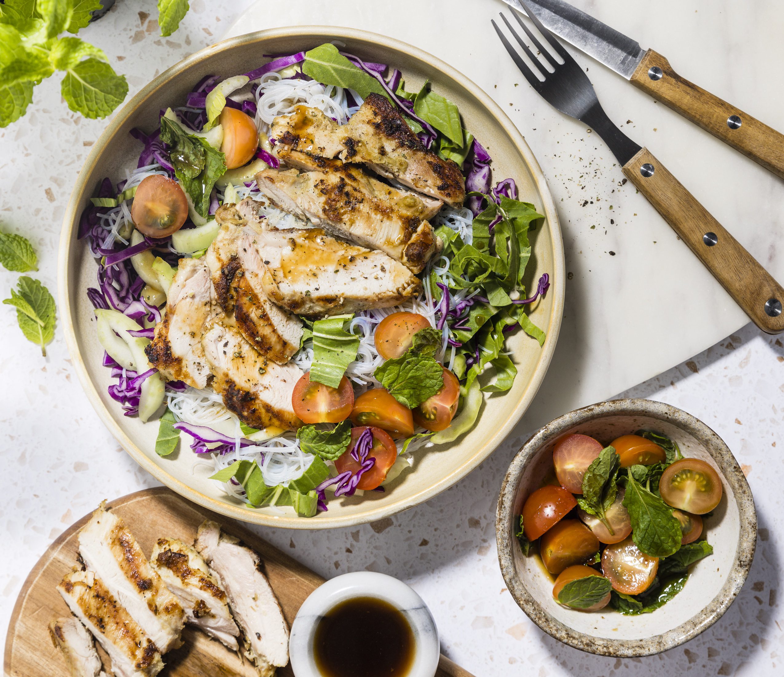 FS BBQ Coconut Lemongrass Chicken with Noodles Nuoc Cham Tomatoes