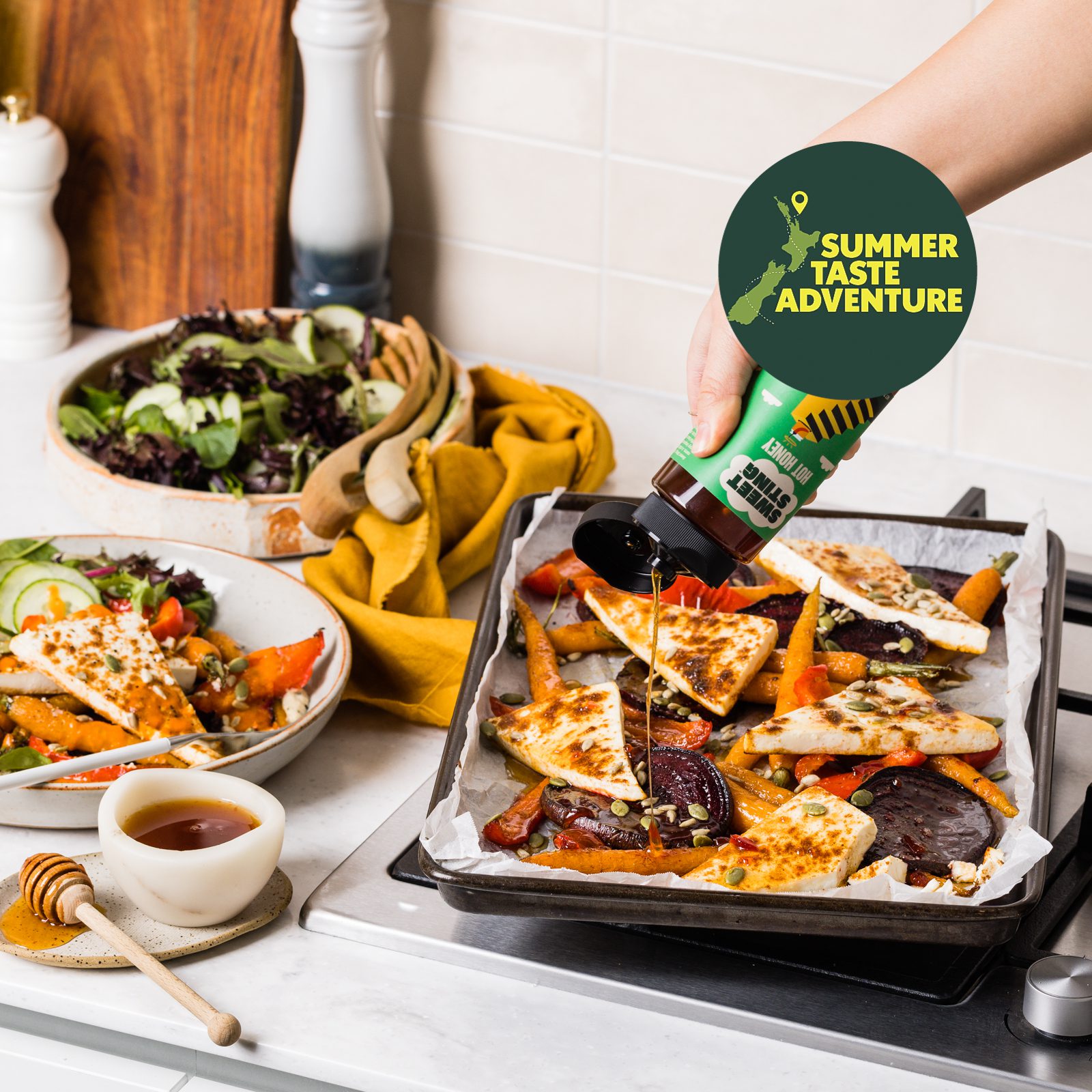 A Summer Taste Adventure with Sweet Sting, NZ's First Hot Honey Producers 3 V Harissa Sweet Sting Honey Baked Feta with Roasted Summer Veg BOTTLE web 2