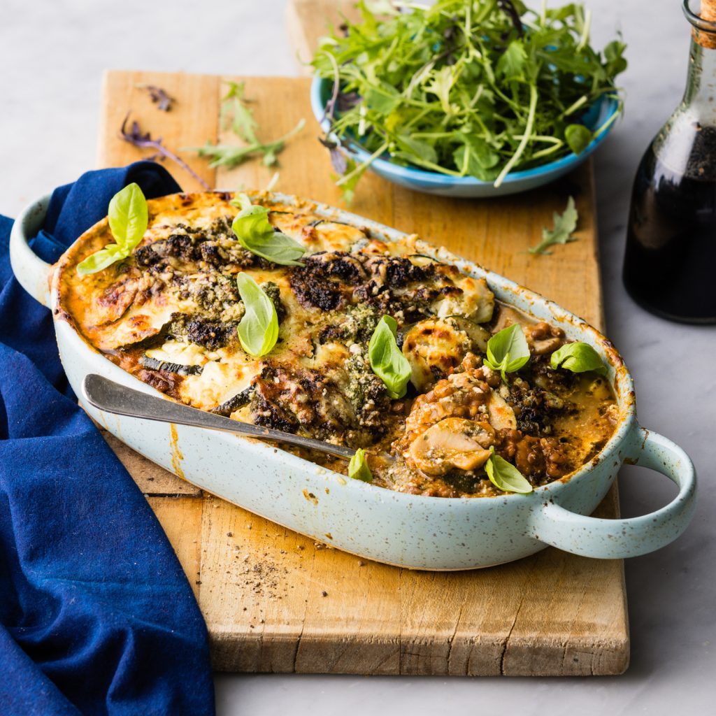 FS Saucy Lentil Courgette Lasagne with Feta Basil Pesto Parmesan