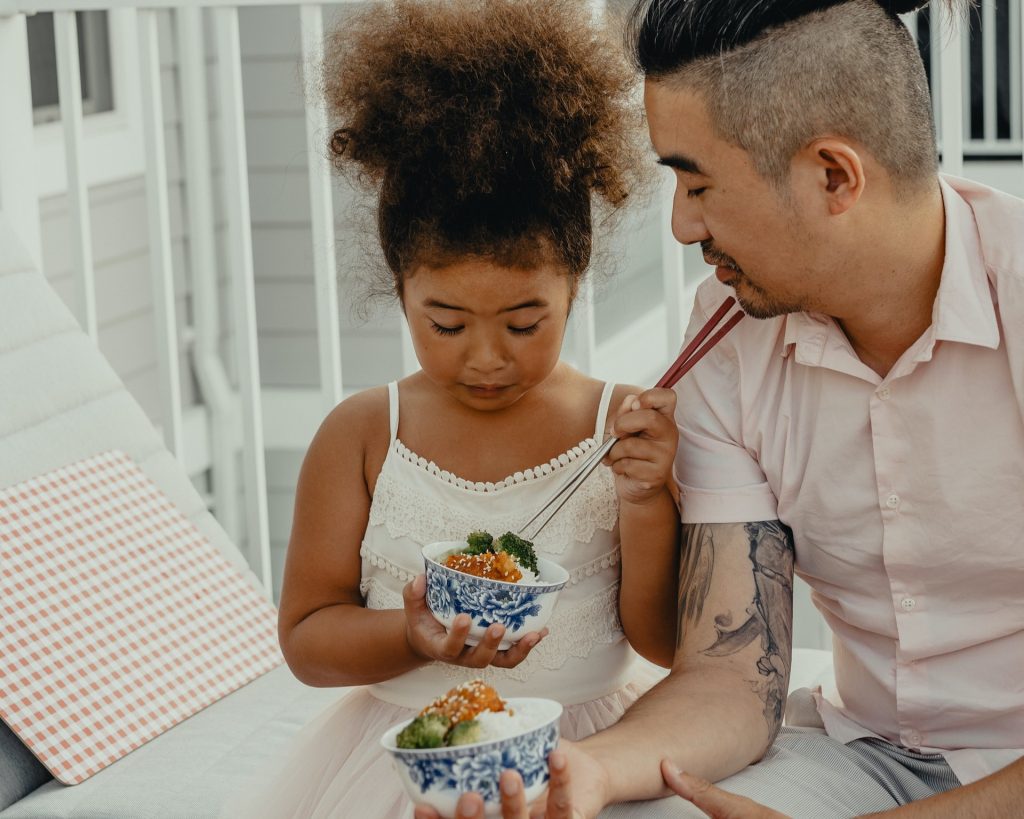 Fresh Start My Food Bag Blog Mental Health Awareness Week Food for Connection Dad and his daughter eating with chopsticks