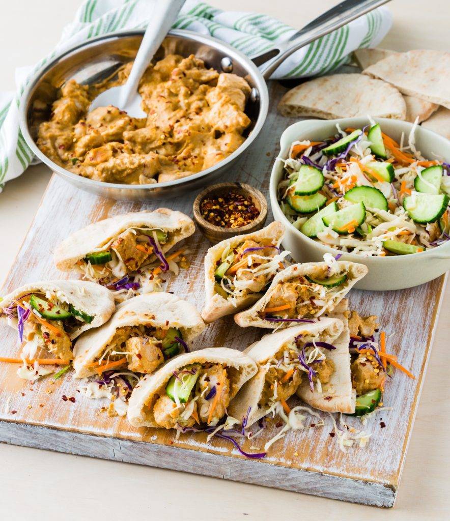 BB 20 Minute Peanut Chicken Satay Pitas with Cucumber Slaw