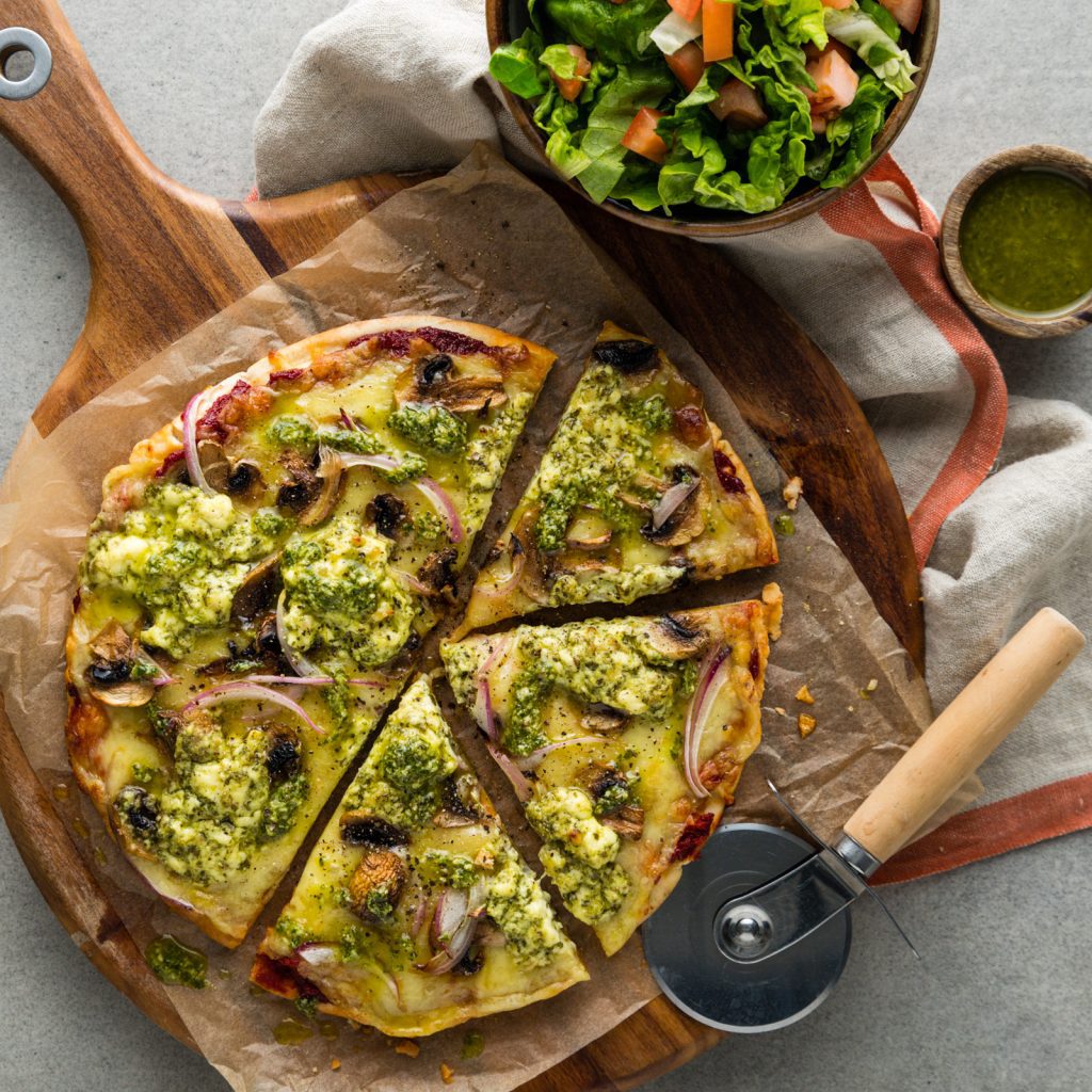 Best Ever Creamy Pesto Mushroom Pizzas