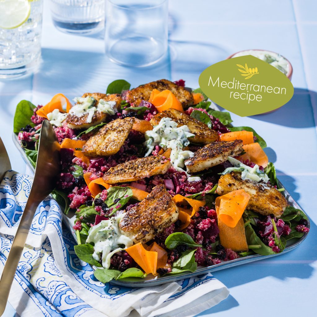 FREE! Mediterranean Meal Plan 1 FS Dukkah Fried Haloumi with Jewelled Quinoa Salad Pomegranate Dressing 2