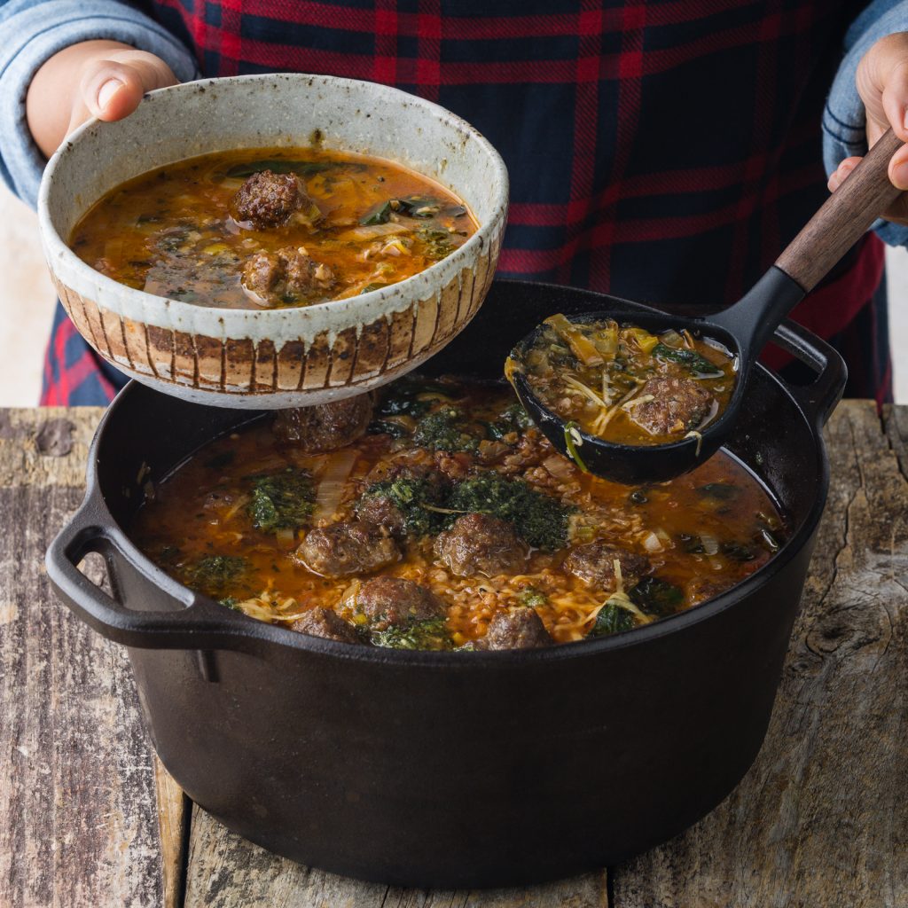 MC One Pot Pork Fennel Meatball Soup with Kale Pesto