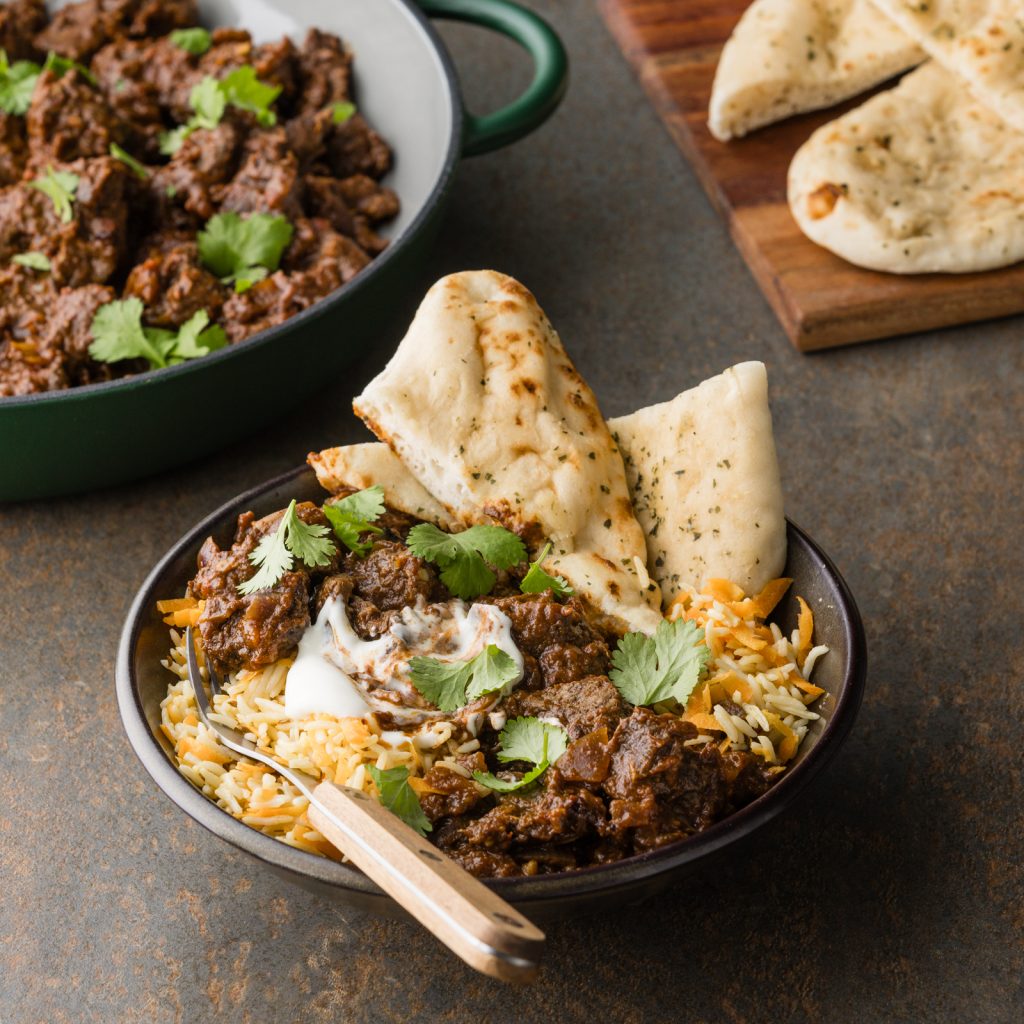 MC Slow Cooker Beef Rogan Josh with Garlic Naan Basmati Pilaf