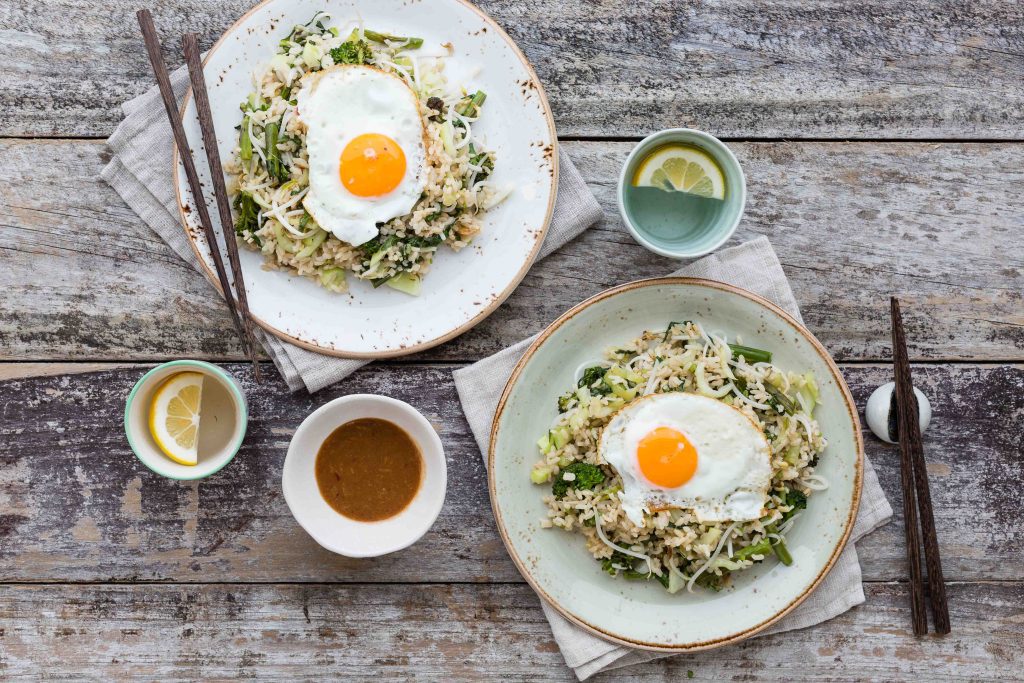 v fried egg rice asian greens