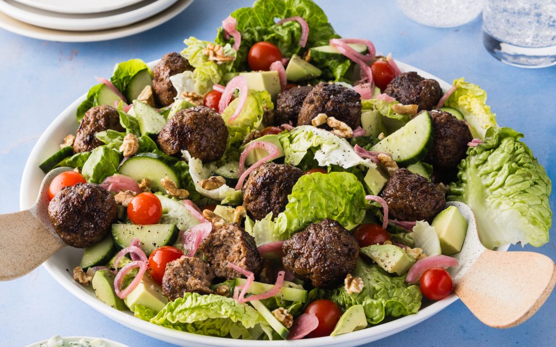 Mediterranean-Spiced Beef Meatball Salad with Cherry Tomatoes and Tzatziki