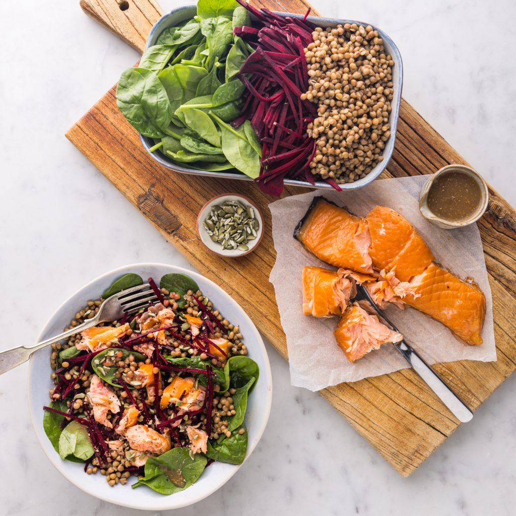 GLP-1 Lifestyle: How to stay strong 3 FS Hot Smoked Salmon Lentil Salad with Herb Vinaigrette