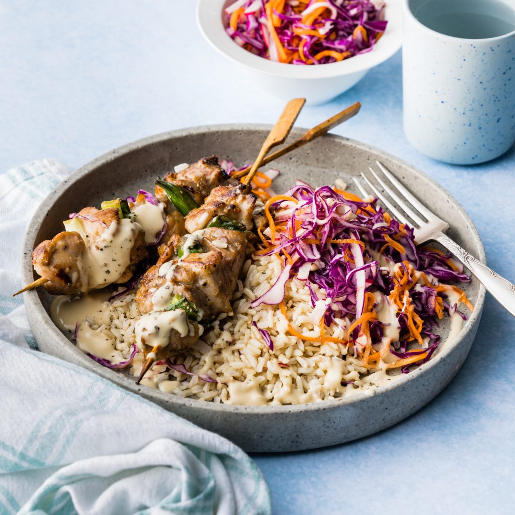 FS Miso Chicken Skewers with Rainbow Salad Brown Rice