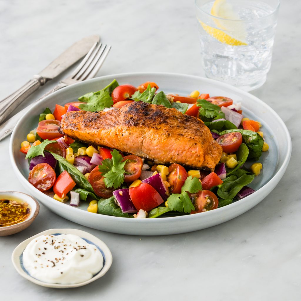 FSA Spanish Seasoned Salmon with Corn Salad Garlicky Dressing