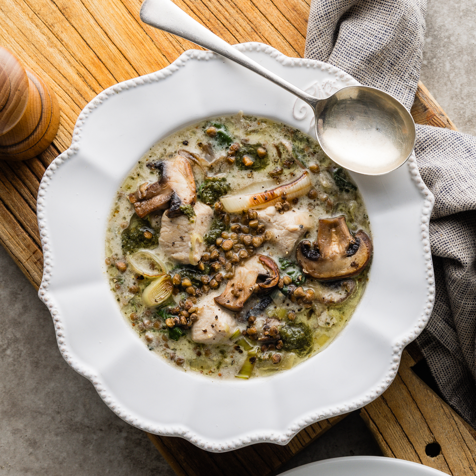 FSA French Chicken, Leek & Mushroom Soup with Crispy Roasted Lentils
