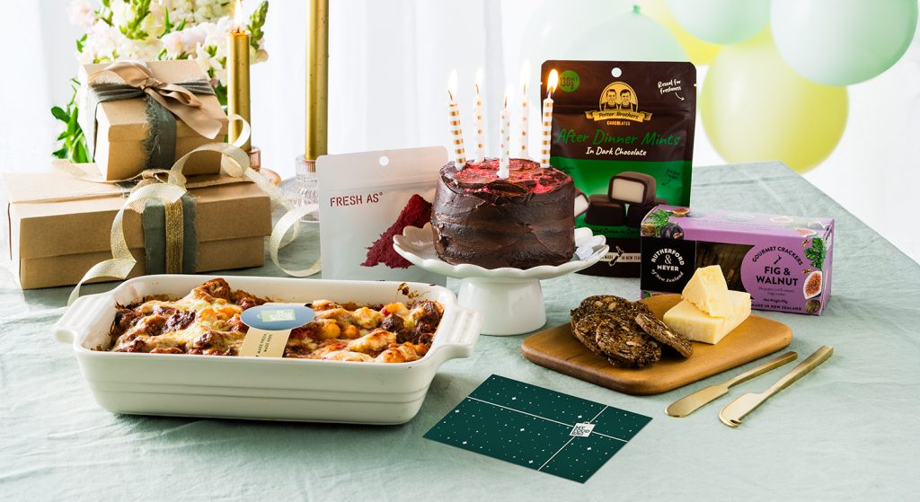Foodie Gifts to Celebrate Birthdays 1 A chocolate cake with icing and candles, a ready made gnocchi for 4, cheese & crackers and after dinner mints.