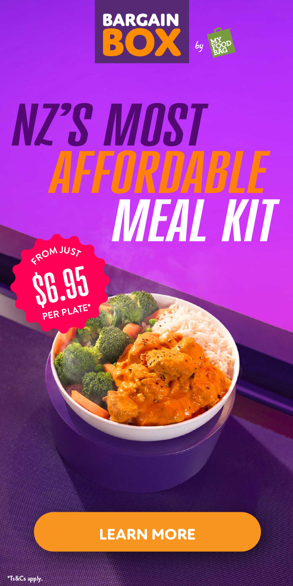 Bargain Box meal kit with the caption "NZ's most affordable meal kit".